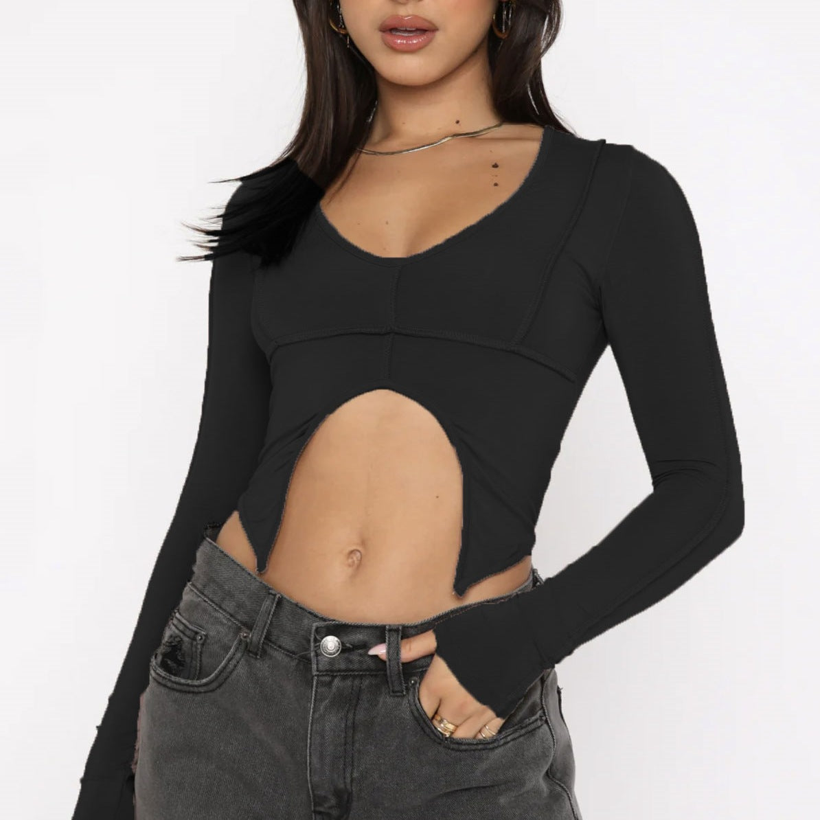 Chic Sexy U Collar Hollow Out Cutout Out Top Bat down U Cropped Sexy Slim Long Sleeve T Shirt Women