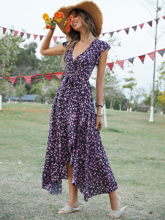 V neck Bohemian Vacation Slim Fit Tied Dress