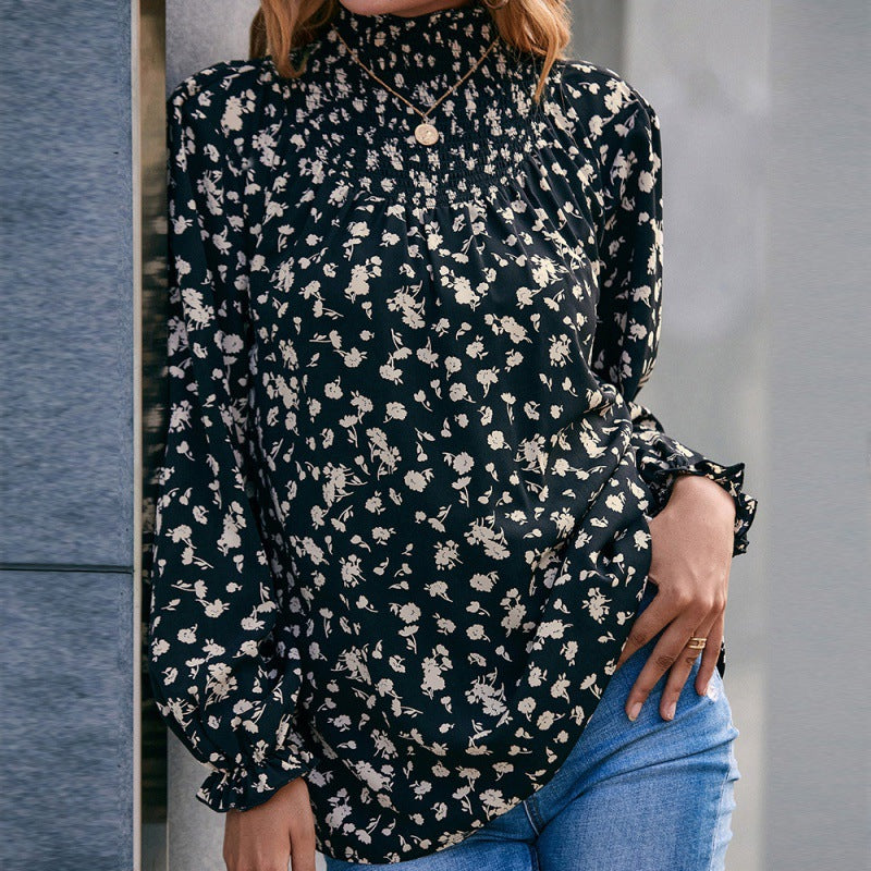 Turtleneck Ruffle Sleeve Floral Smocking Shirt Casual Loose Printed Long Sleeve Shirt Top for Women