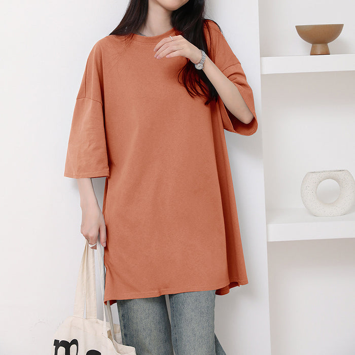 Korean Summer Pure Cotton T shirt Side Slit Casual Loose Mid Length Shirt Short Sleeve