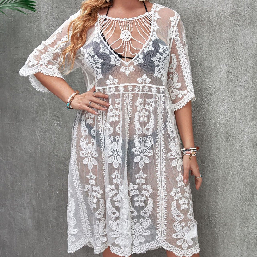 Vacation See through Sexy Sun Protection One Piece Beach Dress Women
