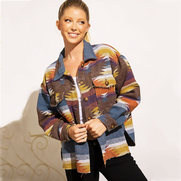 Autumn Winter Aztec Retro Ethnic Geometric Abstract Printed Woolen Baggy Coat Female Multicolor Patchwork Matching