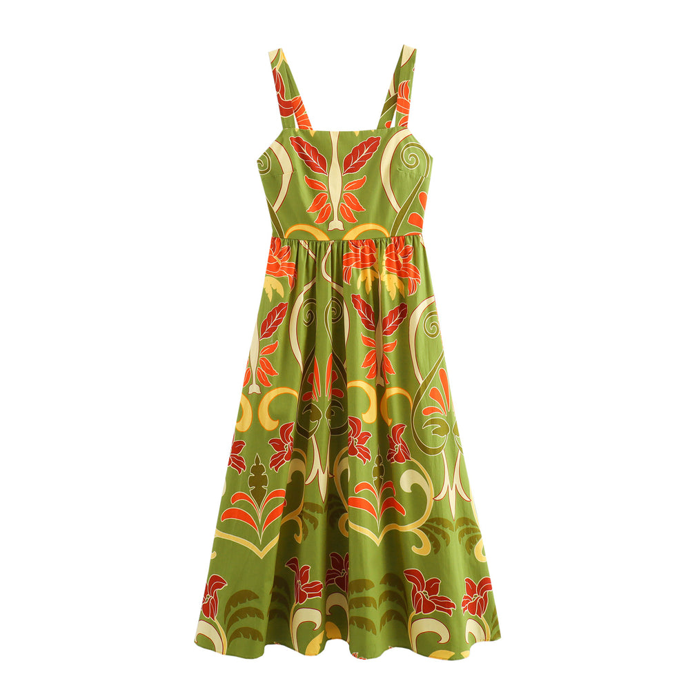 Summer Printed Lace up Midi Dress Sling Dress