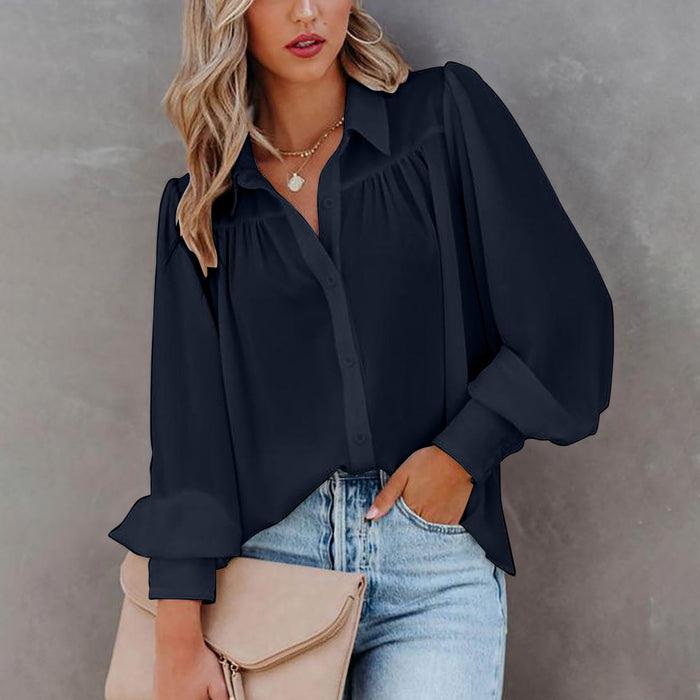 Autumn Winter Women Long Sleeved Chiffon Shirt Top Lantern Sleeve Pleated Loose Shirt Women