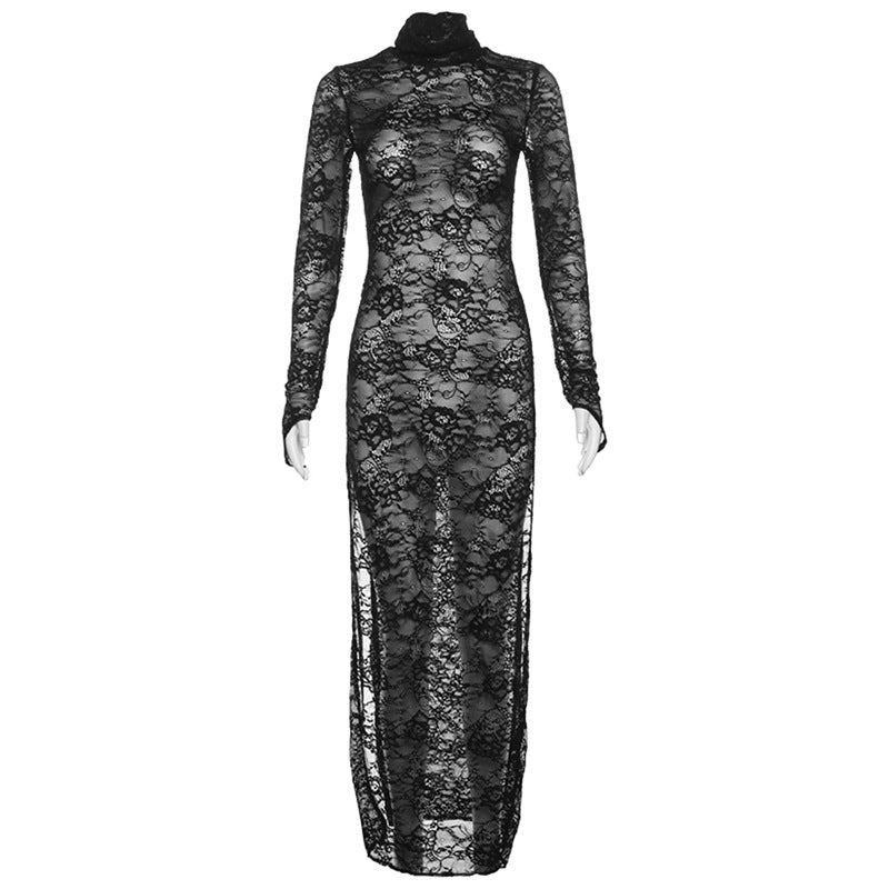Women Clothing Autumn Sexy Lace See through Sexy Long Sleeve Pullover Split Dress