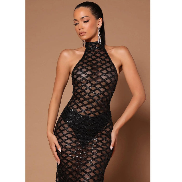 Spring Sexy Backless Nightclub Party Formal Dress Rhinestone Sequined Transparent Dress