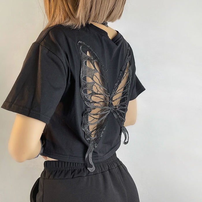 Black Lace Butterfly Exposed Cropped Short T-shirt Fashionable Loose Hollow Out Cutout Short Sleeve Top