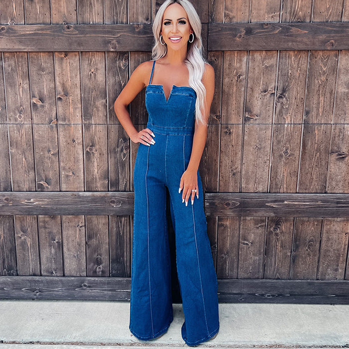 Summer Solid Color Denim Jumpsuit Women Personalized Spaghetti Strap High Waist Straight Leg Pants