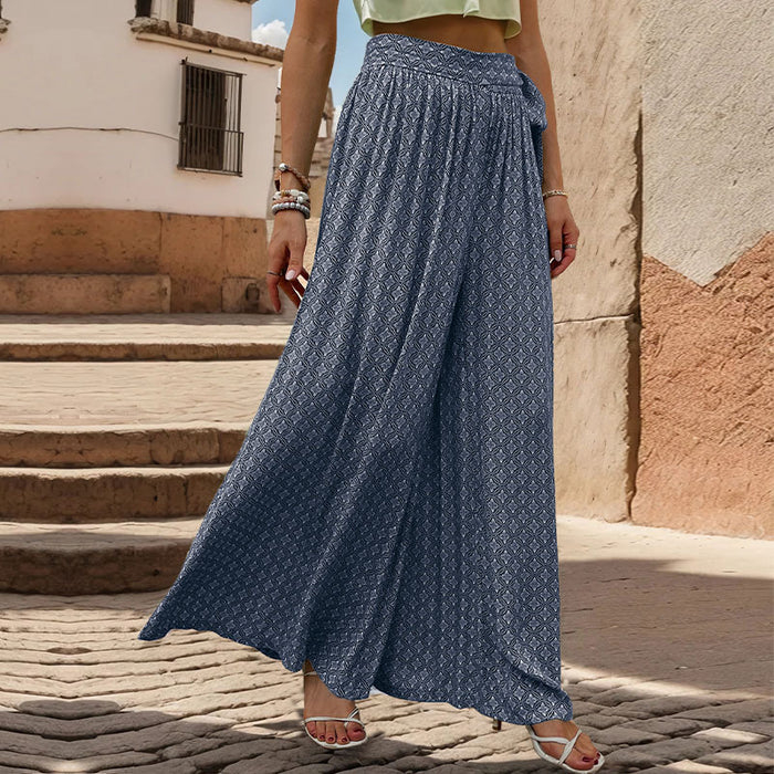 Summer Loose Wide Leg Pants Women Clothing Tied High Waist Casual Printed Trousers