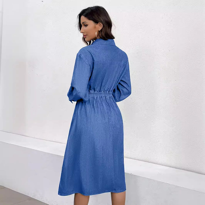 Spring Denim Dress Front Single Breasted V Neck Tight Waist Slimming Denim Dress Women