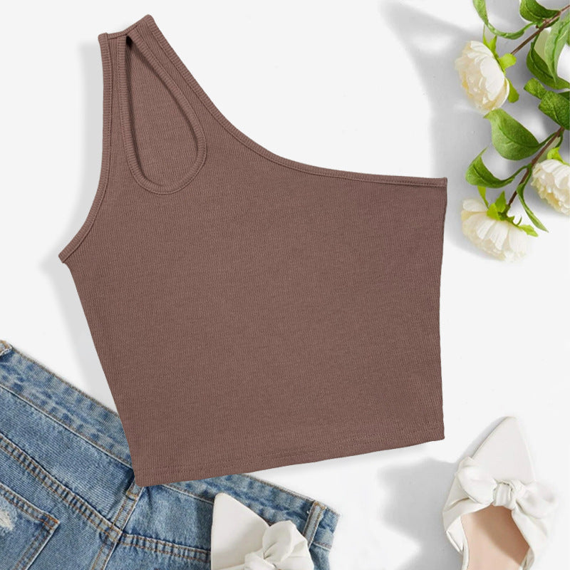 Summer Arrival Women Clothing Hollow out One Shoulder Sleeveless Top Rib Short Vest