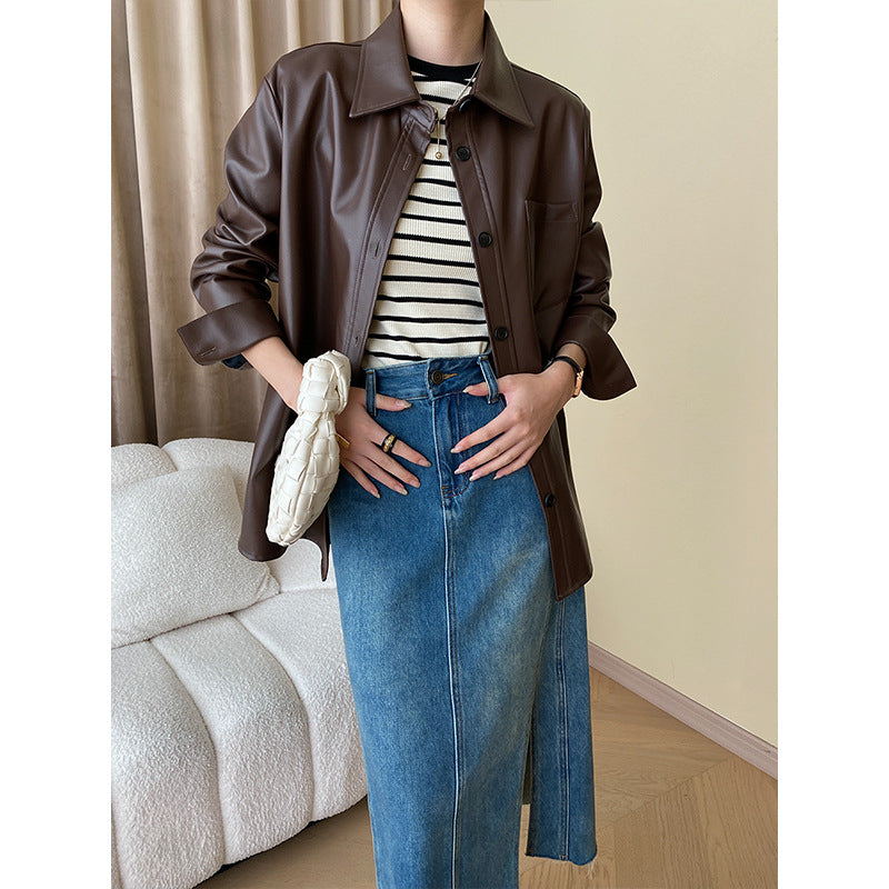 Good Texture Protein Leather Early Autumn Casual Non Sexual Loose Shirt Leather Coat