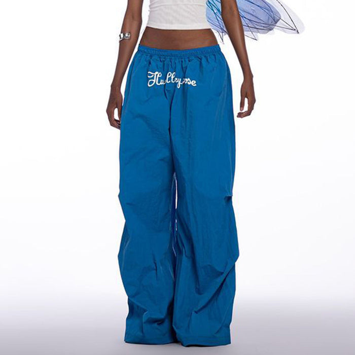 Sexy Letter Graphic Printing Blue Loose Casual Trousers Elastic Waist Minimalism Woven Wide Leg Pants