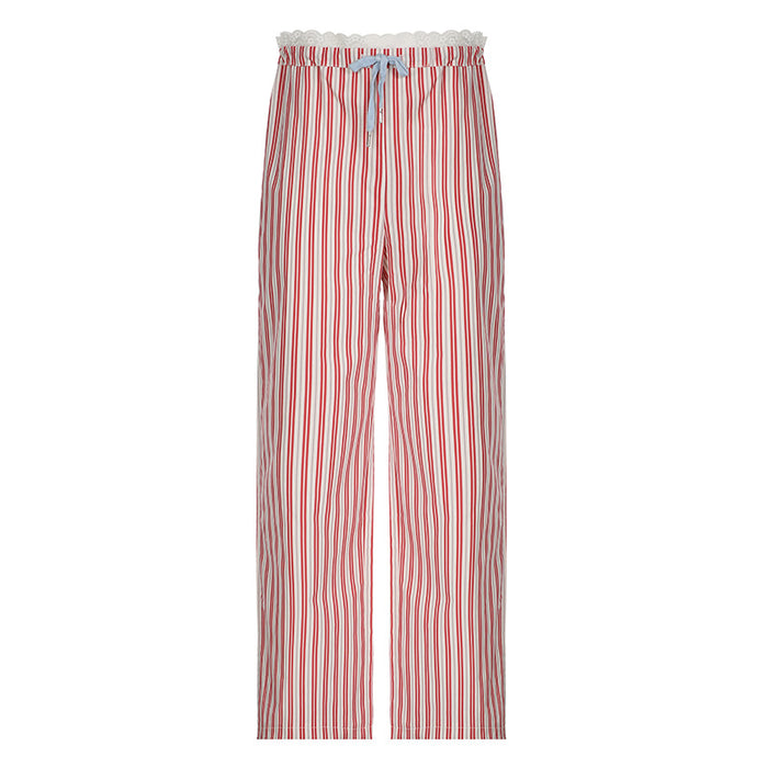 Summer Vacation Idle Colorful Striped Dopamine Casual Pants Women Lace Stitching Waist Straight Leg Trousers