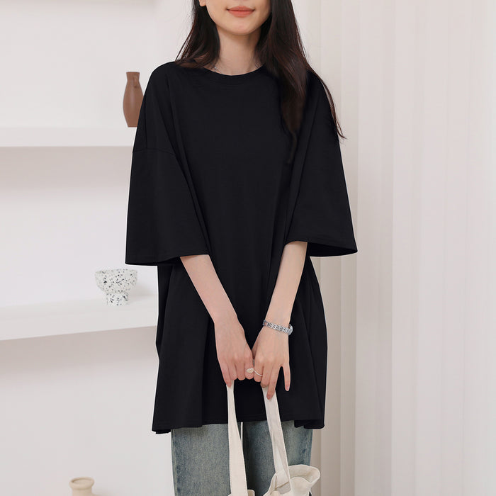 Korean Summer Pure Cotton T shirt Side Slit Casual Loose Mid Length Shirt Short Sleeve