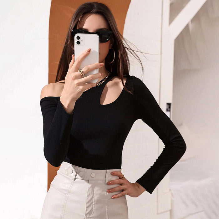 Women Clothing Autumn Winter Sexy Cutout Waist Trimming Casual Long Sleeve Women T shirt Tops