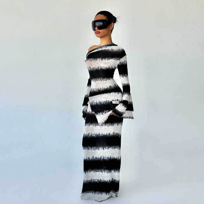 Autumn Blooming Black White Striped Asymmetric Shoulder Cascading Collar Long Sleeve Dress Women