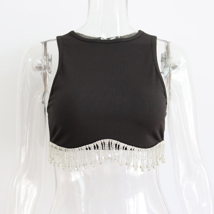 Spring Summer Rhinestone Tassel Sexy Vest round Neck Sunken Stripe Short Cropped Sleeveless Top for Women