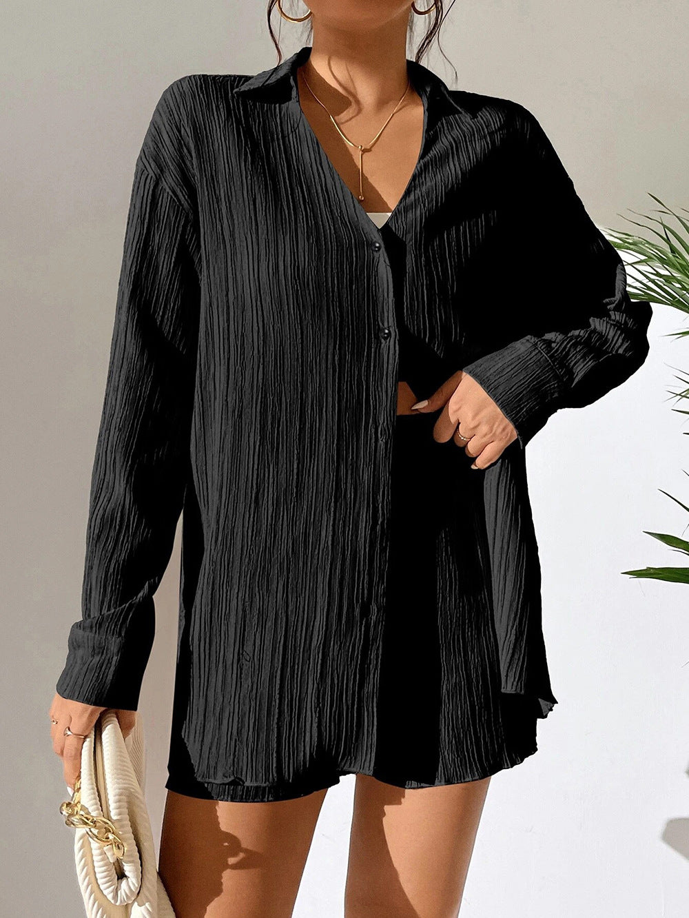 V neck Shirt Long Sleeve Shorts Casual Pleated Texture Women Suit