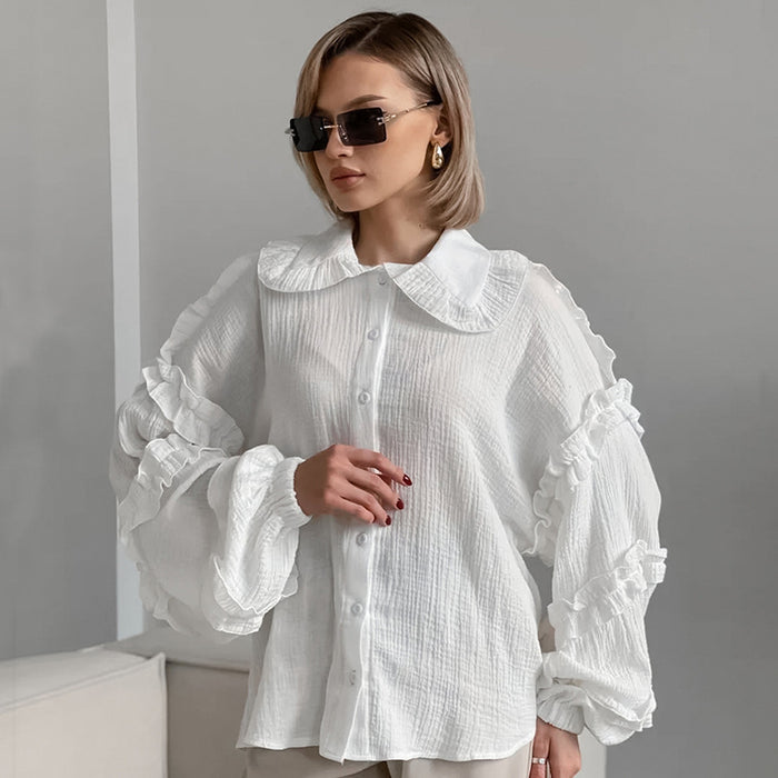 French Bubble Wrinkle Lace Lantern Sleeve Loose Women Shirt Autumn Women Top