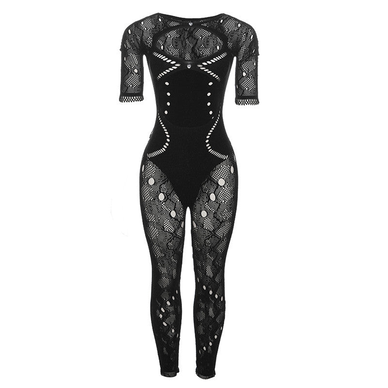 Fall Women Clothing Sexy Cutout Knitted Crochet High Waist Tight One Piece Trousers