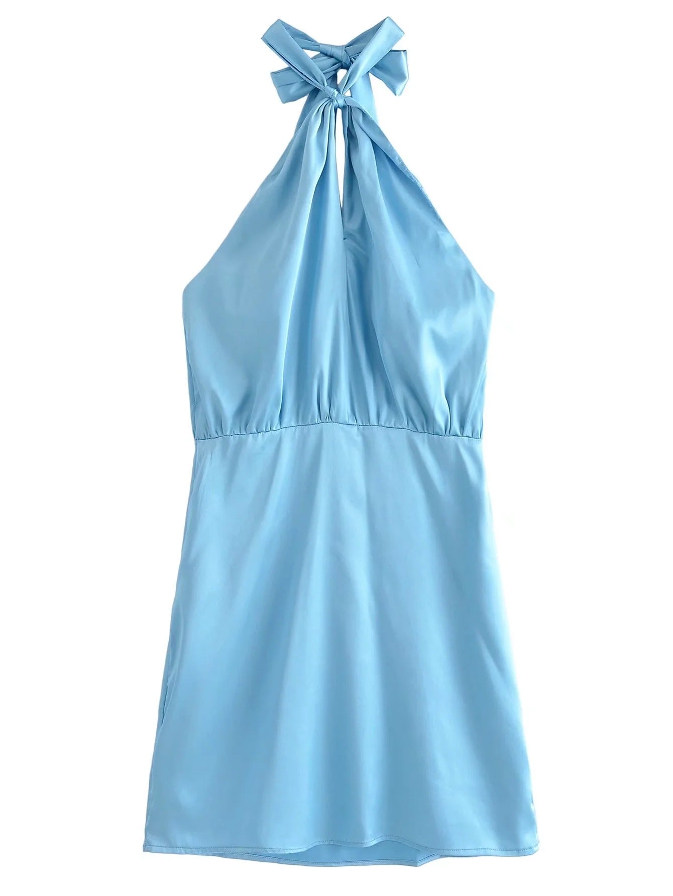 Women Blue Silk Texture Halter Dress Summer Hollow Out Cutout High Waist Backless Sexy