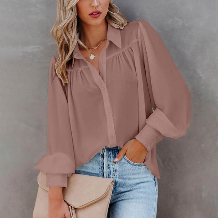 Autumn Winter Women Long Sleeved Chiffon Shirt Top Lantern Sleeve Pleated Loose Shirt Women