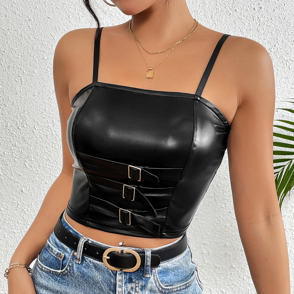 Sexy Bra Top Wrapped Chest Faux Leather Texture Women Vest Camisole