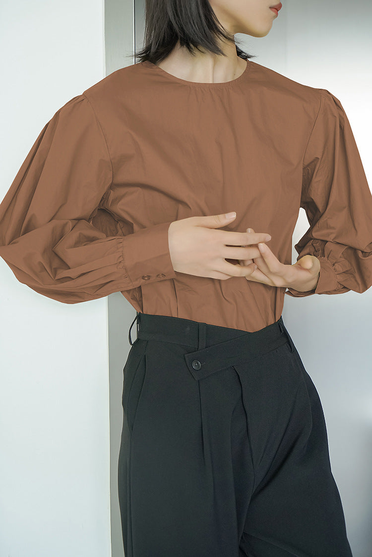Spring Autumn round Neck Shirt Women Korean Puff Sleeve Back Buttoned Pure Cotton Shirt