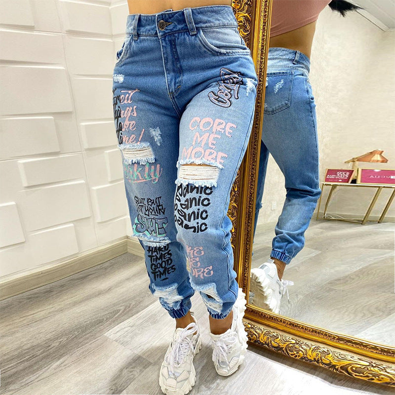Ripped Jeans Women All Match Letter Graphic Printed Ankle Tied Trousers
