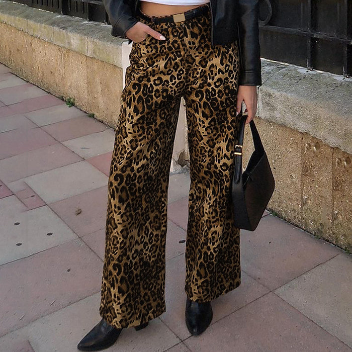 Spring Summer Retro Leopard Print Wide Leg High Waist Casual Pants Office Trousers Women