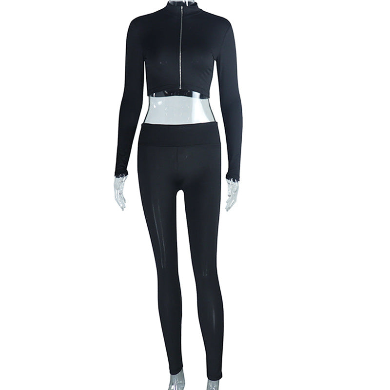 Autumn Winter Solid Color Top Long Sleeve Zipper Cropped Trousers Tight Casual Sports Suit