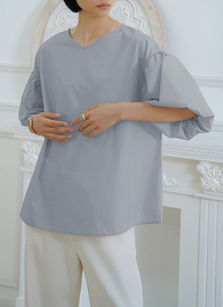 Summer Loose Large Women Shirt Cotton Oversized Lantern Sleeve Round Neck Top