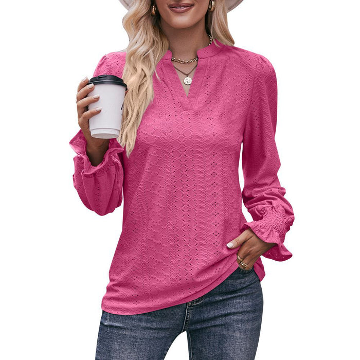 Autumn Women Clothing Solid Color T shirt Hole V neck Long Sleeve Umbrella Sleeve Top