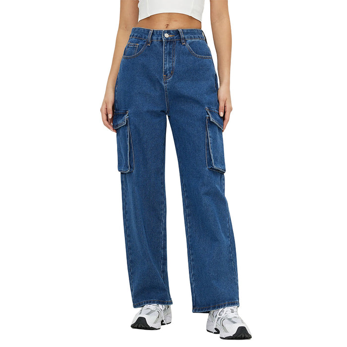 Work Clothes Jeans Blue Washed High Waist Straight-Leg Denim Trousers Women Jeans