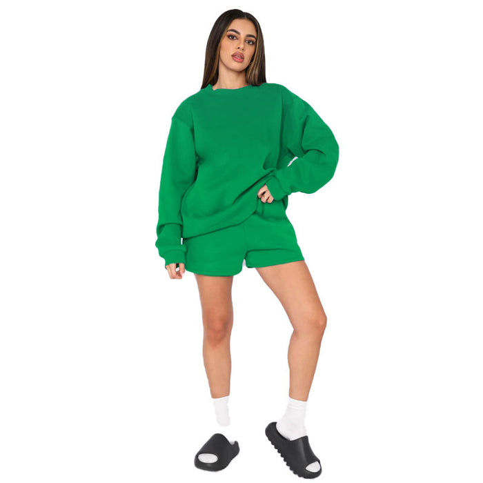 Cotton Autumn Winter Solid Color round Neck Pullover Long Sleeve Sweater Women Casual Shorts Set