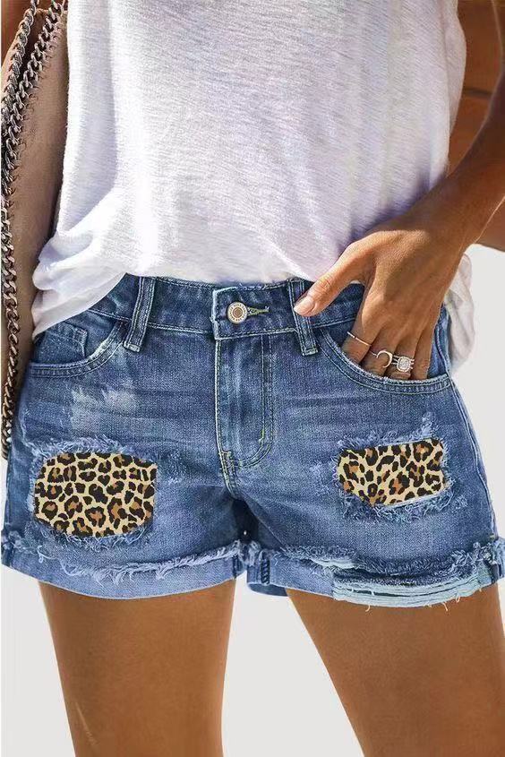 High Waist Ripped Jeans Women Street Hipster Patch Printed Denim Shorts