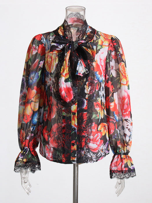 Elegant Vacation Printed Shirt Autumn Lace Bow Bell Sleeve Loose Top