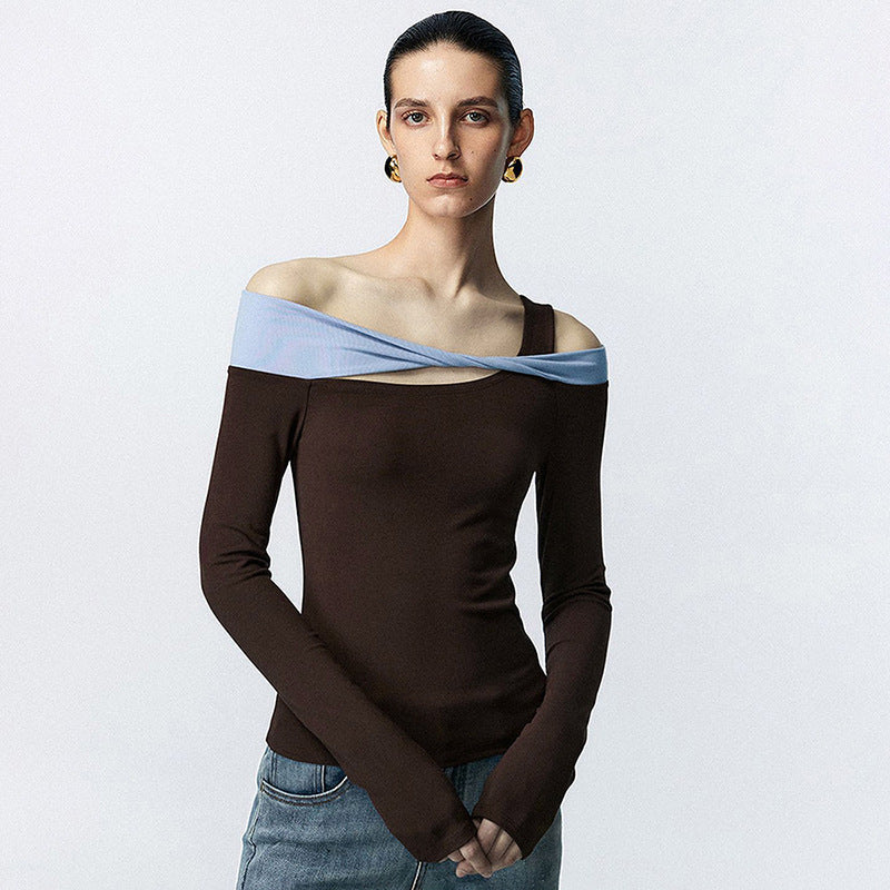 Autumn Winter Special Interest Design Contrast Color Single Shoulder Hollow Out Cutout Out Long Sleeve Top Women Slim Fit