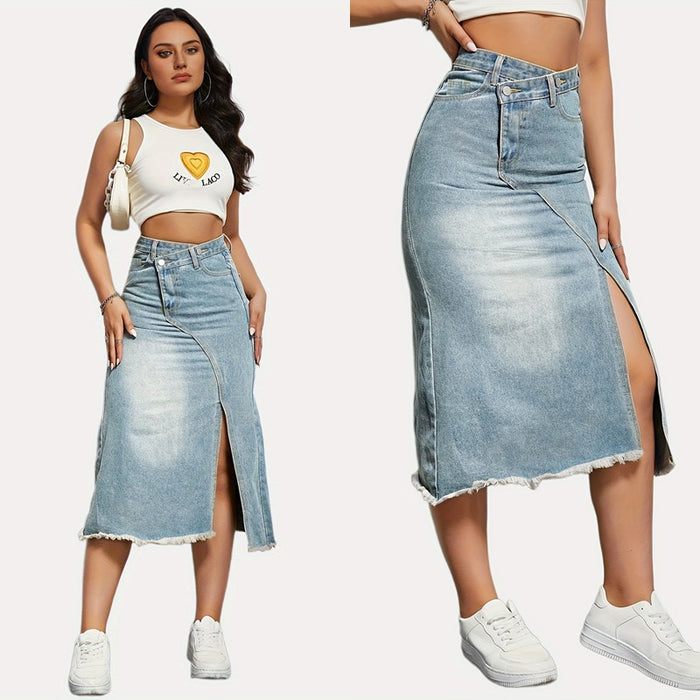 Autumn Retro Denim Skirt Women Fashionable with Side Slit Stitching Mid Length