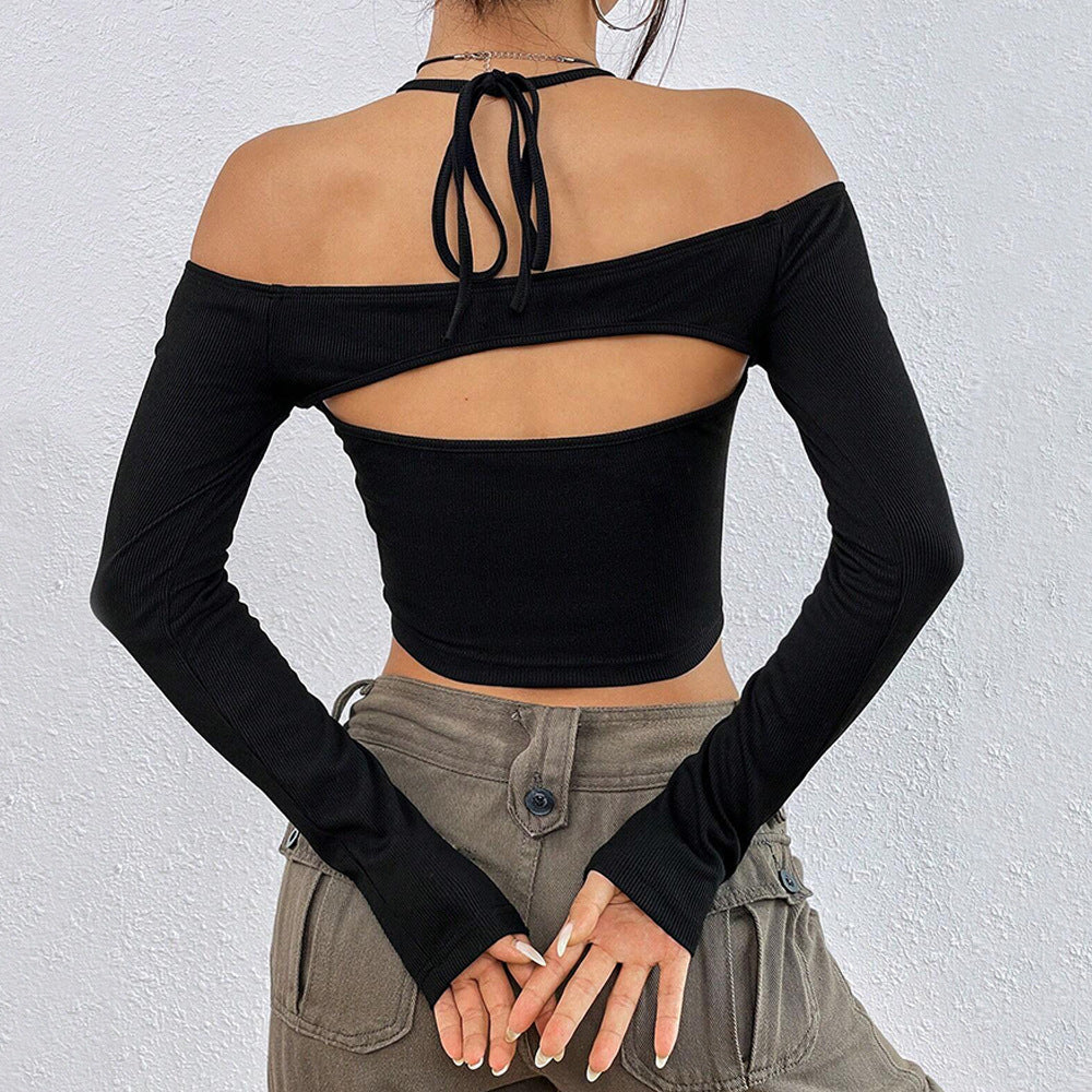 Autumn Winter Women Clothing Sexy off Shoulder Slim Fit Short Long Sleeved T shirt Hollow Out Cutout Top