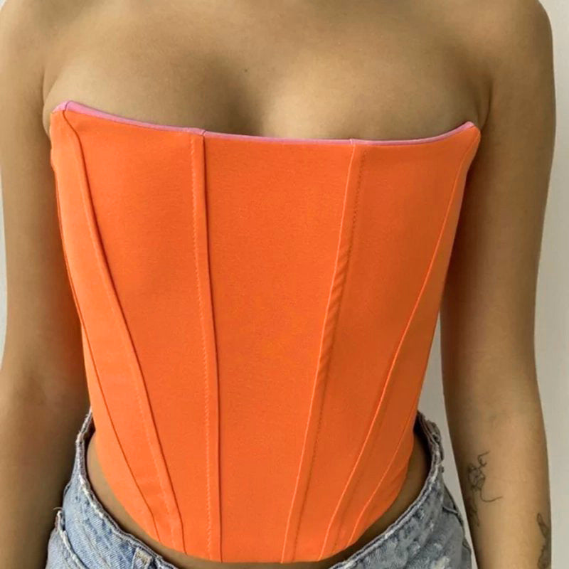 Women Summer Sexy Solid Color Two Wear Bandage Chest Cover Tight T shirt Top