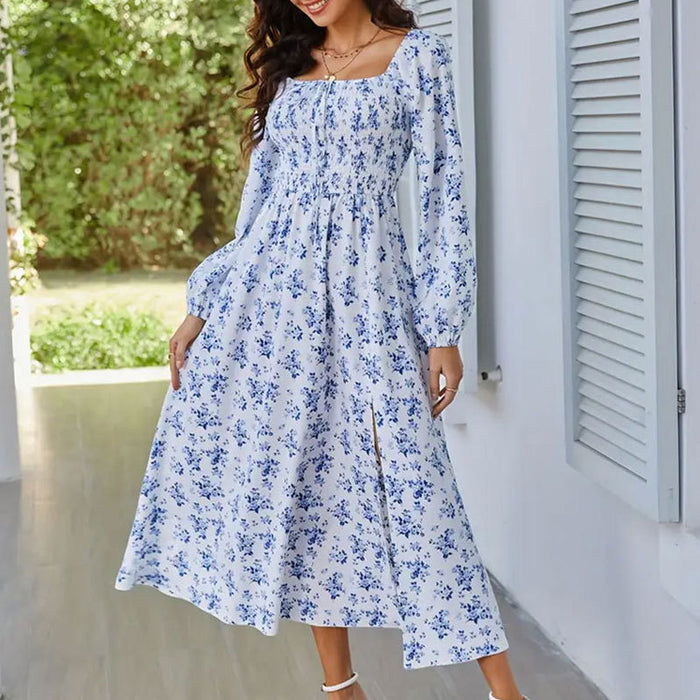 Spring Summer Romantic Elegant Women Dress Square Collar Smocking Long Sleeve Slit Floral Dress Dress