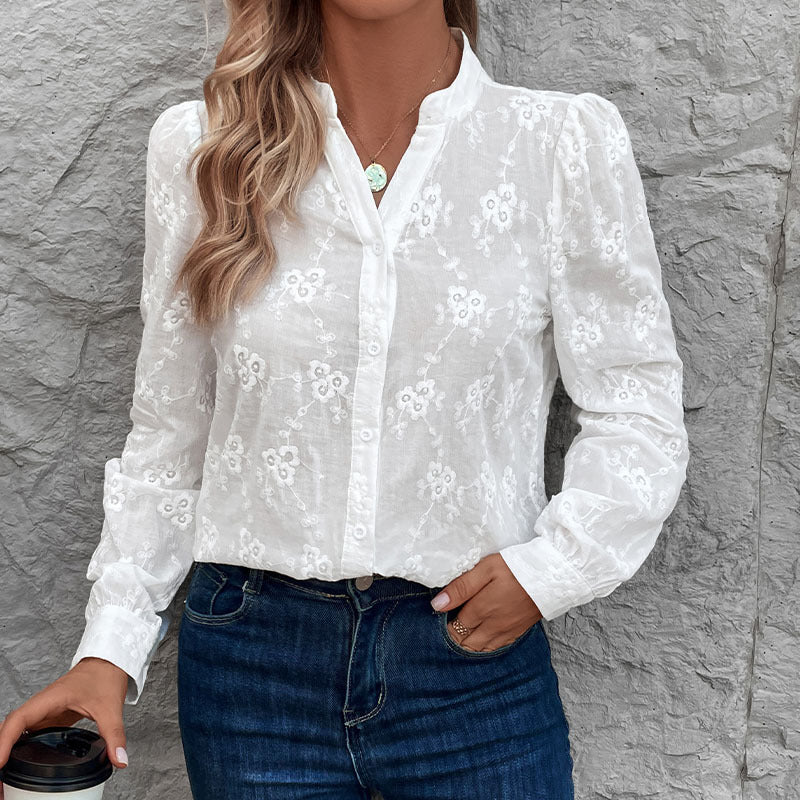 Women Clothing Cardigan Shirt Long Sleeve Hollow Out Cutout out Lace Tops Jacquard Shirt
