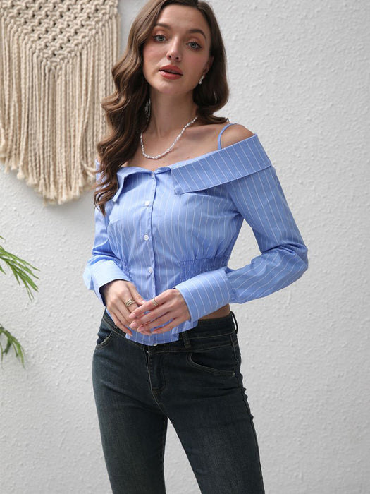 Women Clothing Striped off Shoulder Spaghetti Straps Long Sleeved Shirt Women Summer