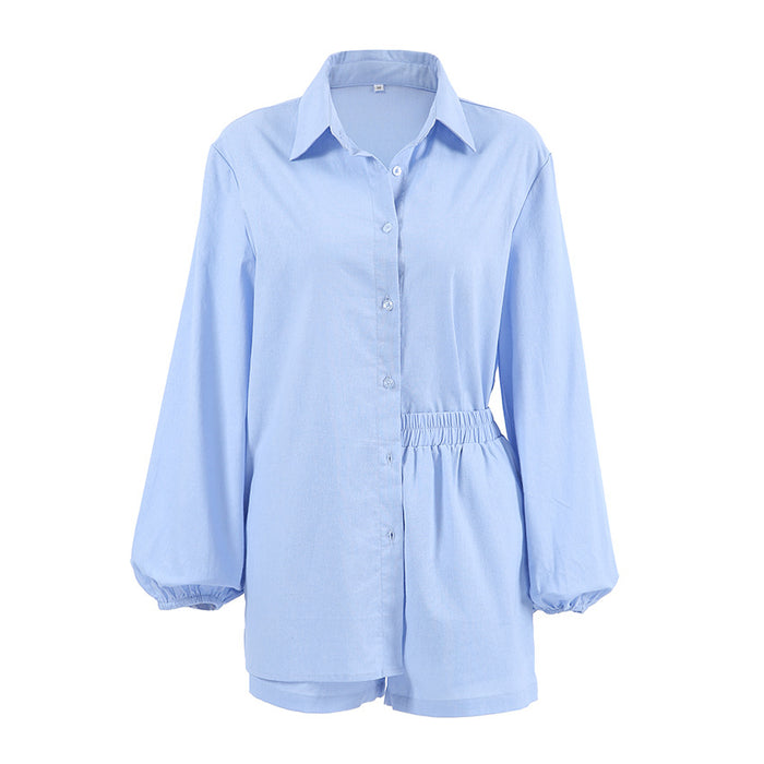 Sexy Summer Slightly Transparent Fresh Blue Cotton Linen Loose Long Sleeve Shirt Shorts Two Piece Set Casual Set