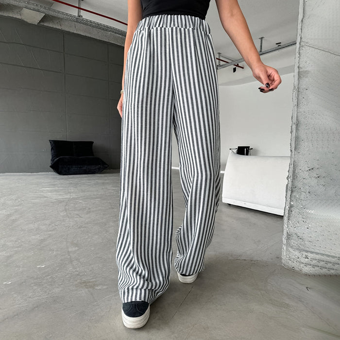 Autumn Casual Striped High Waist Elastic Band Trousers Baggy Straight Trousers Women