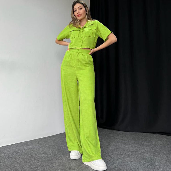 Women Summer Women Short Sleeved Shirt Trousers Two Piece Set