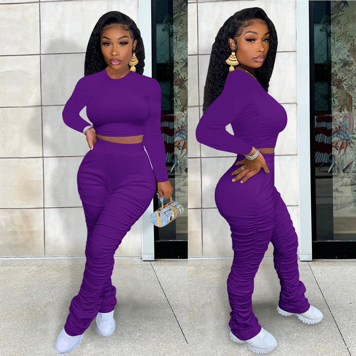 Spring Autumn Women's Pleated Pile Pants Suit High Waist Elastic Bell Bottom Pants Two Piece Suit