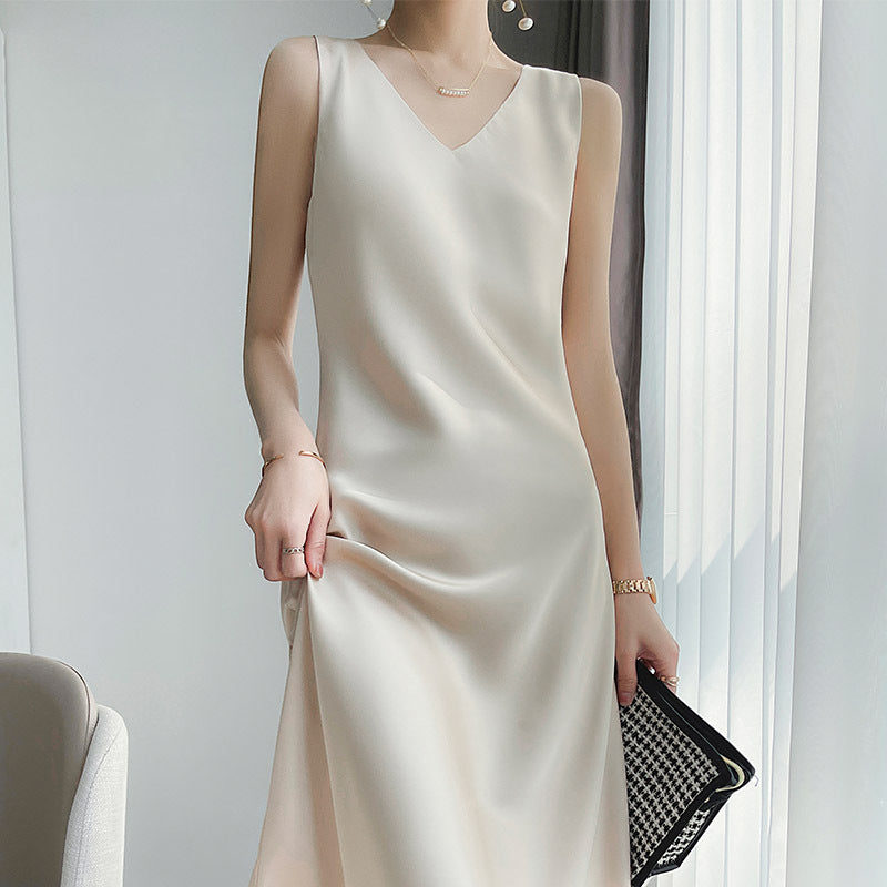 French V neck Dress Summer Korean Elegant Office Sexy Satin Light Luxury All Matching Slimming Midi Dress